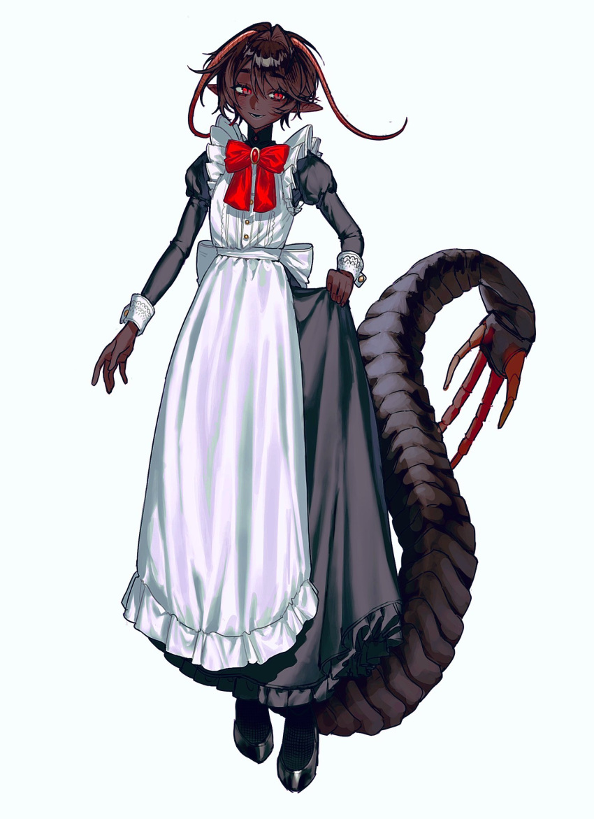 1girl, antennae, apron, arthropod_girl, arthropod_tail, black_dress, blue_background, bow