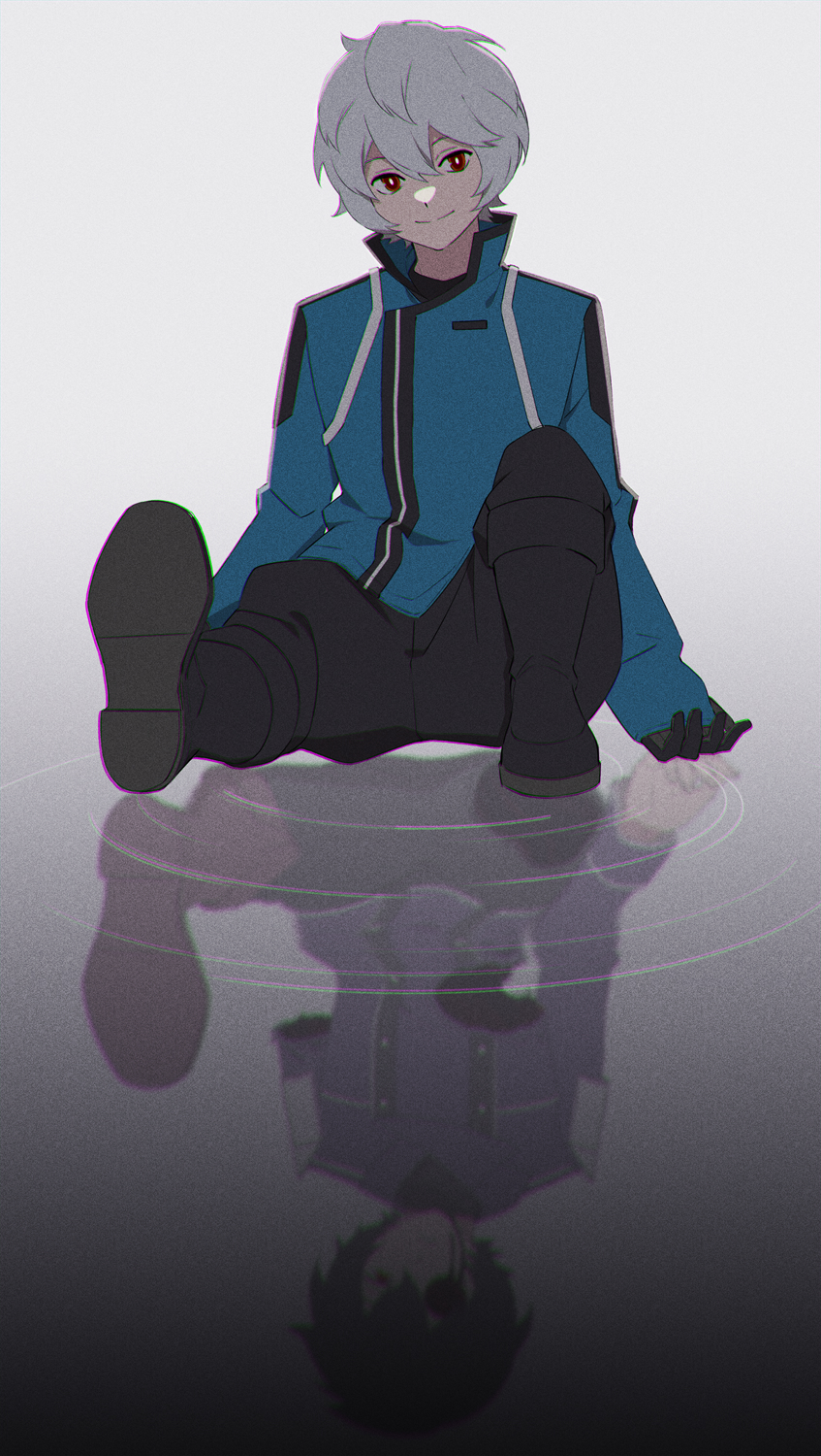1boy, different_reflection, hair_between_eyes, highres, kuga_yuuma, male_focus, mikumo_squad's_uniform, red_eyes