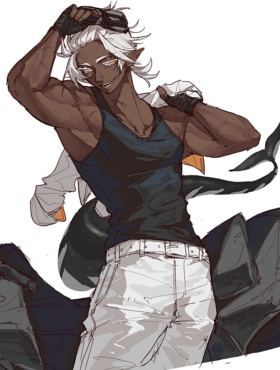 1boy, black_gloves, black_tank_top, cetacean_tail, colored_eyelashes, cowboy_shot, dark-skinned_male, dark_skin