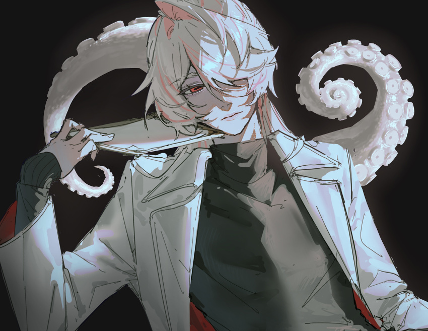 1boy, absurdres, black_background, black_sweater, clipboard, coat, hair_over_one_eye, hand_up, highres, holding, holding_clipboard, horizontal_pupils, looking_at_viewer, male_focus, multicolored_hair, original, pink_hair, red_eyes, ryoryo., simple_background, sleeves_past_wrists, solo, streaked_hair, sweater, tentacles, turtleneck, turtleneck_sweater, upper_body, white_coat, white_hair