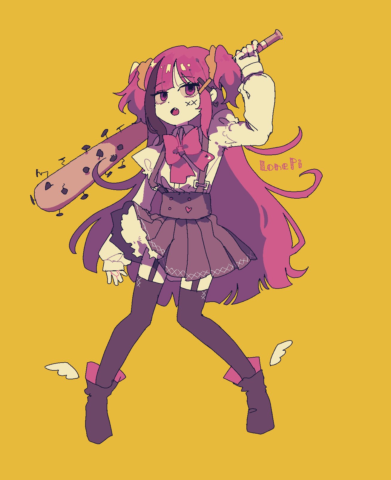 1girl, :o, ankle_boots, arm_at_side, arm_up, artist_name, baseball_bat, black_boots