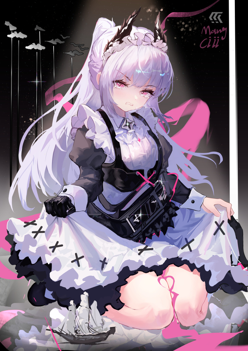 1girl, absurdres, angry, apron, arknights, artist_name, black_shoes, clenched_hand