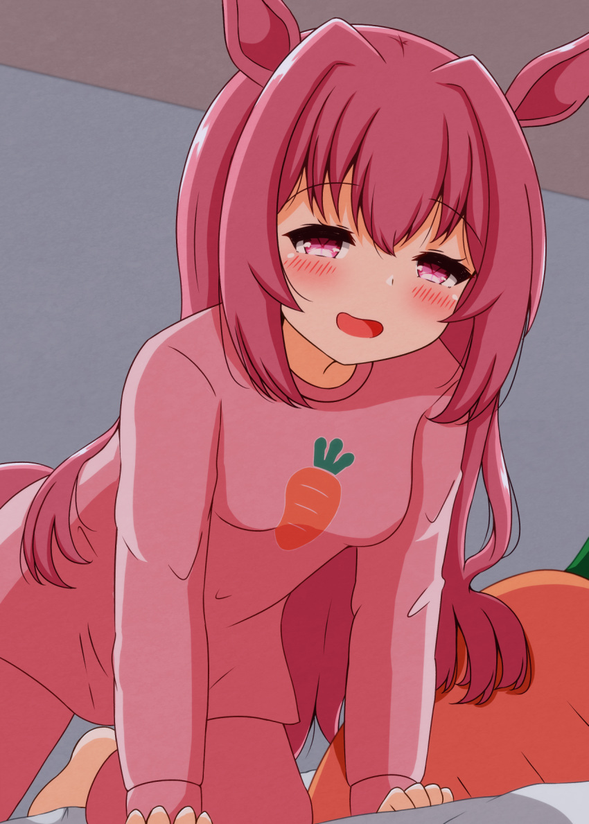 1girl, all_fours, alternate_costume, alternate_hairstyle, animal_ears, azuma_satsuki, bed, breasts