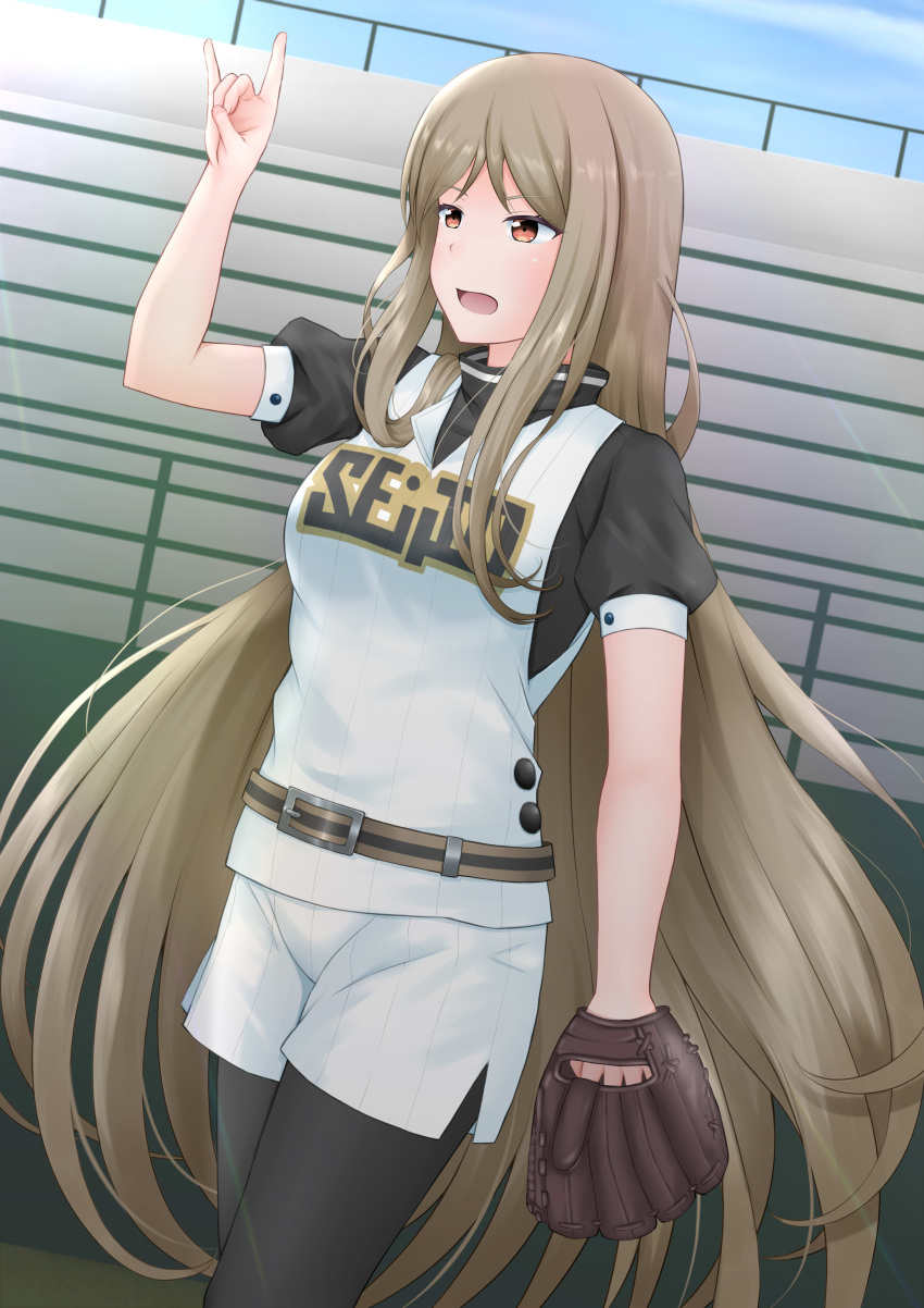 1girl, \n/, absurdres, aoi_hito, baseball_mitt, baseball_stadium, baseball_uniform, belt