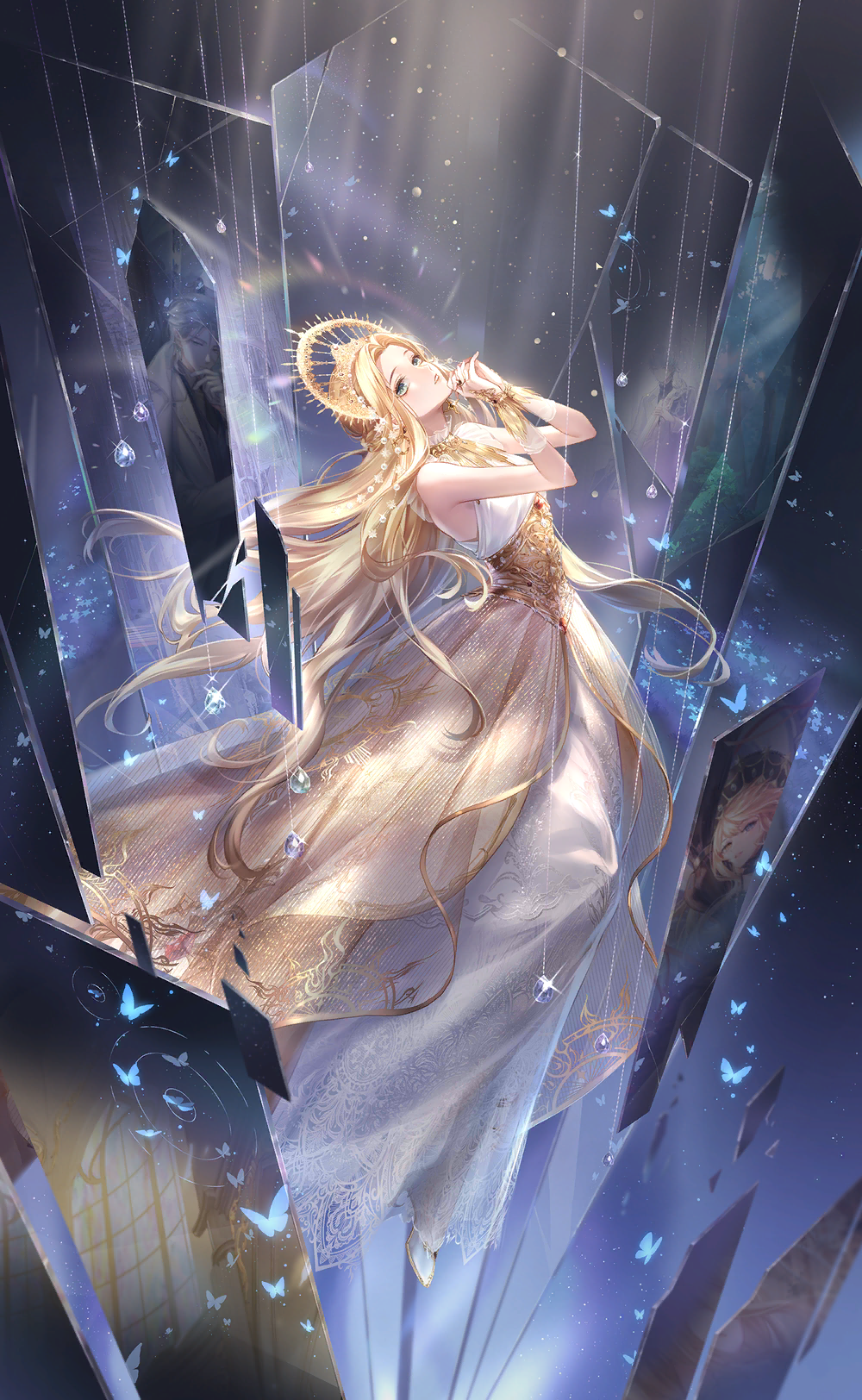 1girl, aqua_eyes, artist_request, bare_shoulders, beads, blonde_hair, blue_butterfly, bridal_gauntlets, bug, butterfly, collared_dress, different_reflection, dress, elf, expressionless, floating_tears, full_body, game_cg, glass, gleam, glowing, gown, hair_beads, hair_ornament, halo, halo_behind_head, highres, layered_dress, leaning_back, light_rays, lightbringer's_ode_(shining_nikki), lipstick, long_dress, long_hair, long_sidelocks, makeup, mercury_(shining_nikki), mirror, nikki_(series), official_art, ophelia_(shining_nikki), own_hands_together, parted_lips, pink_lips, pointy_ears, reflection, shining_nikki, sidelocks, sleeveless, sleeveless_dress, solo, space, sparkle, spiked_halo, teardrop, teeth, very_long_hair, white_dress, yellow_bridal_gauntlets, yellow_corset, yellow_dress, yellow_halo