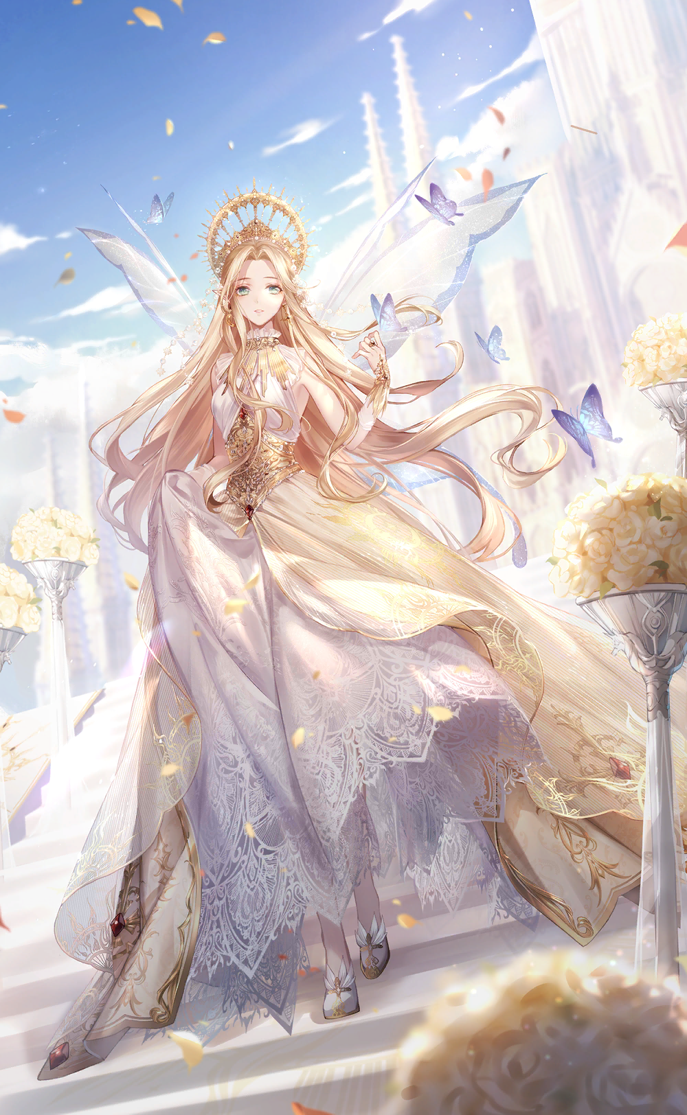 1girl, aqua_eyes, artist_request, blonde_hair, blue_butterfly, blue_sky, blue_wings, bridal_gauntlets