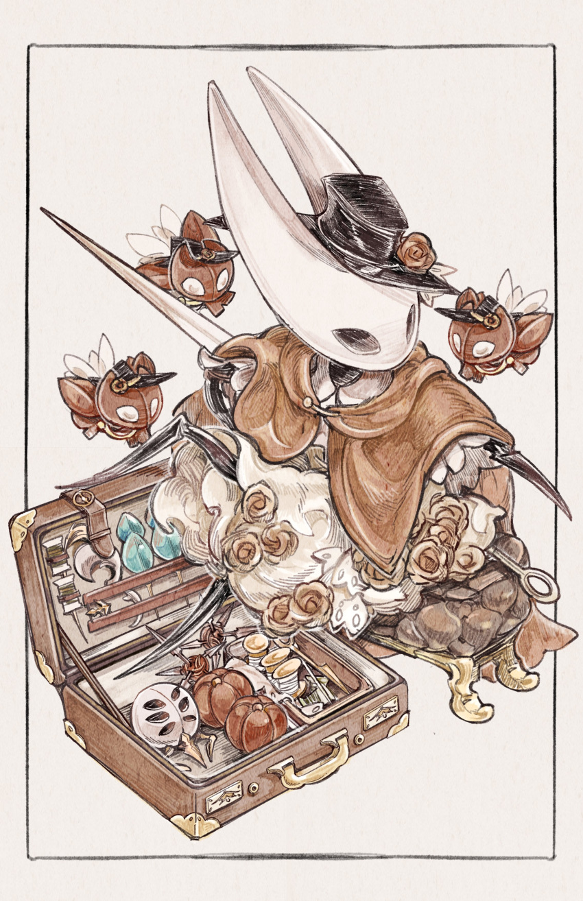 1girl, absurdres, alternate_costume, arthropod_girl, black_hat, black_skin, border, briefcase