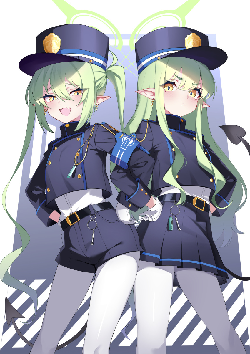 2girls, absurdres, black_hat, black_jacket, black_shorts, black_skirt, blue_archive, closed_mouth, demon_girl, demon_tail, earrings, gloves, green_hair, green_halo, hair_between_eyes, halo, hands_on_own_hips, hat, highres, hikari_(blue_archive), jacket, jewelry, kurosaki_saya, locked_arms, long_hair, multiple_girls, nozomi_(blue_archive), open_mouth, pantyhose, pointy_ears, shirt, shorts, sidelocks, skirt, tail, twintails, white_gloves, white_pantyhose, white_shirt, yellow_eyes