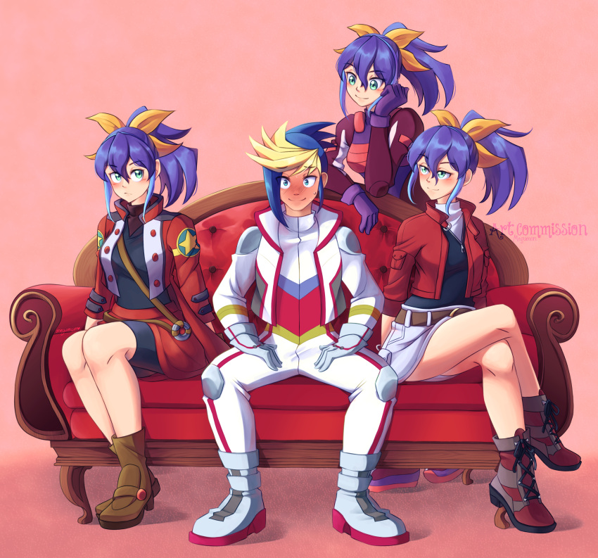 1boy, 3girls, artist_name, biker_clothes, bikesuit, black_shorts, blonde_hair, blue_eyes