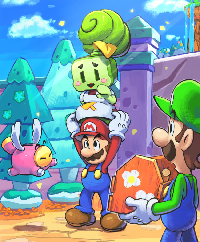 1girl, 2boys, arms_up, blue_sky, boots, brothers, brown_boots, brown_hair, clouds, day, facial_hair, gloves, green_hat, green_shirt, hat, highres, mario_&amp;_luigi:_brothership, mario_&amp;_luigi_rpg, multiple_boys, mustache, open_mouth, outdoors, red_hat, red_shirt, shirt, short_hair, siblings, sky, snoutlet_(mario), super_mario_bros., tree, white_gloves, willma, yamari_(ya_mari_6363)