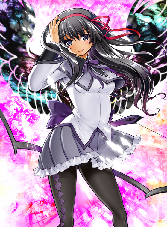 akemi_homura, black_eyes, black_hair, bow_(weapon), long_hair, mahou_shoujo_madoka_magica, pantyhose, solo
