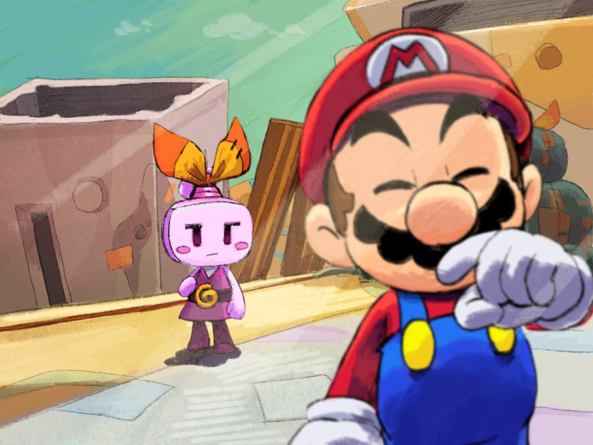 1boy, 1girl, blue_overalls, closed_eyes, facial_hair, gloves, hat, highres