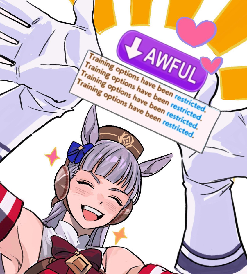 1girl, animal_ears, armband, bare_shoulders, blue_bow, blunt_bangs, bow, bowtie, brown_hat, closed_eyes, commentary, dress, english_commentary, english_text, facing_viewer, gameplay_mechanics, gloves, gold_ship_(red_strife)_(umamusume), gold_ship_(umamusume), grey_hair, hair_bow, hat, heart, highres, horse_ears, horse_girl, long_hair, mayflyaa, mood_(umamusume), open_mouth, red_bow, red_bowtie, red_dress, simple_background, sleeveless, sleeveless_dress, smile, solo, sparkle, teeth, umamusume, upper_teeth_only, white_background, white_gloves