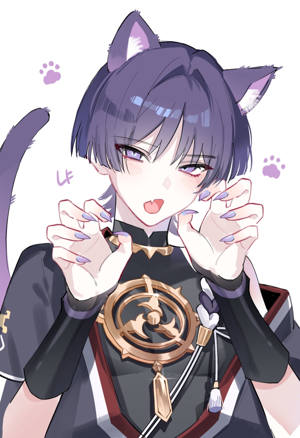 1boy, animal_ear_fluff, animal_ears, armor, black_bodysuit, black_kimono, black_sleeves, blunt_ends, blush, bodysuit, cat_boy, cat_ears, cat_tail, cranberry11_207, curled_fingers, eyelashes, eyeliner, eyeshadow, fang, fingernails, genshin_impact, glint, gold, hair_intakes, hands_up, highres, japanese_armor, japanese_clothes, jewelry, juban, kimono, korean_text, kote, kurokote, looking_at_viewer, makeup, male_focus, mandarin_collar, mitsudomoe_(shape), neck_ring, open_mouth, paw_pose, paw_print, portrait, purple_hair, purple_nails, red_eyeliner, red_eyeshadow, red_kimono, scaramouche_(genshin_impact), sharp_fingernails, short_sleeves, single_off_shoulder, skin_fang, solo, tail, tassel, tomoe_(symbol), tongue, translation_request, tsurime, violet_eyes, white_background, white_kimono, wispy_bangs