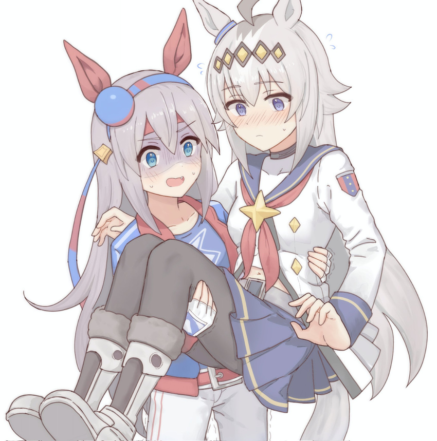 2girls, ahoge, animal_ears, belt_buckle, blue_eyes, blush, buckle, carrying