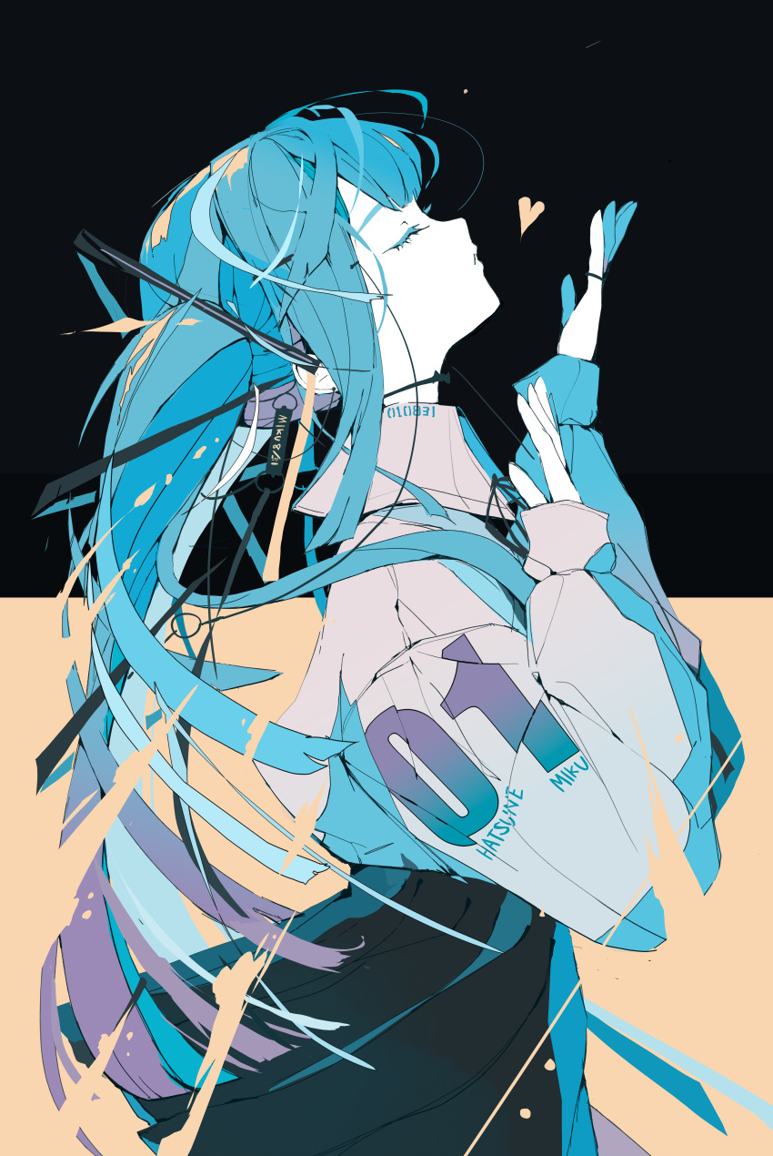 1girl, absurdres, android, black_background, black_skirt, blue_hair, closed_eyes, cowboy_shot, from_side, hands_up, hatsune_miku, heart, highres, jacket, long_hair, long_sleeves, nocopyrightgirl, profile, skirt, solo, twintails, two-tone_background, very_long_hair, vocaloid