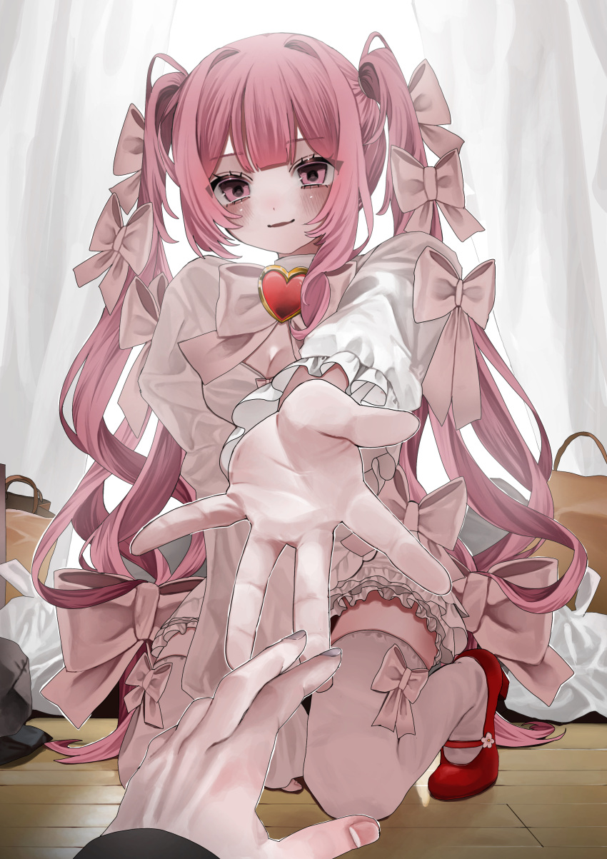 1girl, 1other, absurdres, bag, blush, bow, brooch, commentary_request