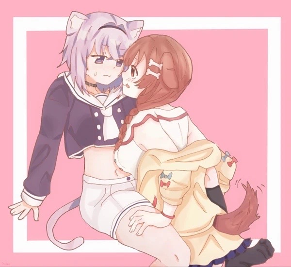 2girls, aiokosaio, animal_ears, brown_eyes, brown_hair, cat_ears, cat_girl, cat_tail
