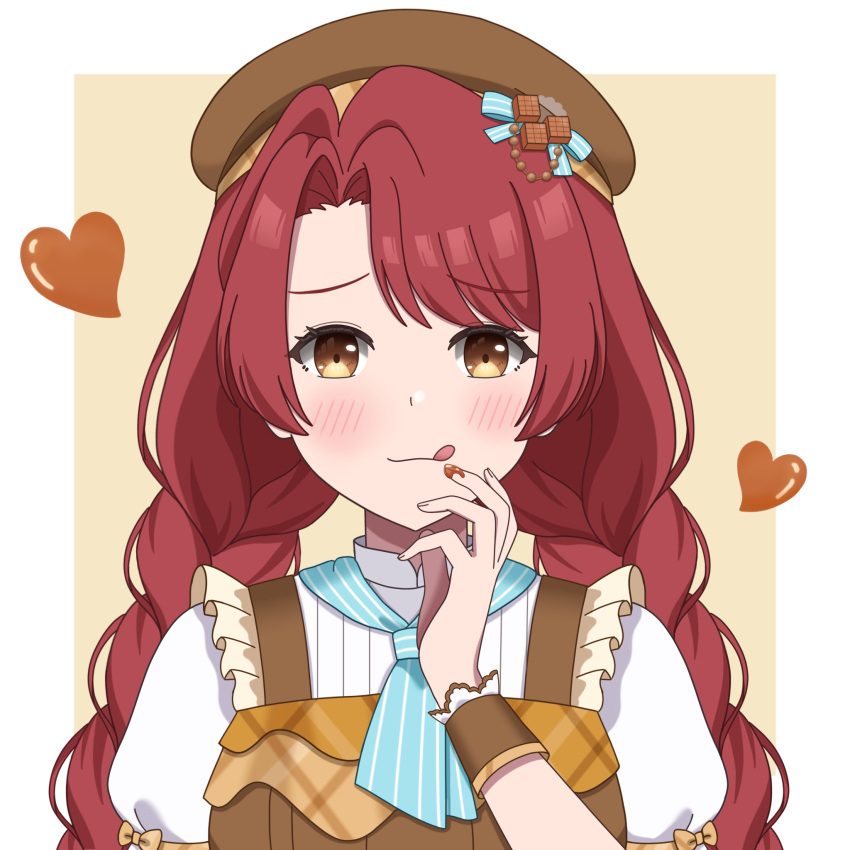 1girl, :q, aizawa_hamu, beret, blush, bow, braid, brown_eyes, caramel, curtained_hair, d4dj, dress, frilled_dress, frills, hat, hat_bow, heart, highres, kasuga_haruna, licking, licking_finger, neckerchief, official_alternate_costume, official_alternate_hairstyle, pinafore_dress, puffy_short_sleeves, puffy_sleeves, red_hair, short_sleeves, simple_background, sleeve_bow, sleeveless, sleeveless_dress, solo, striped_neckerchief, swept_bangs, tongue, tongue_out, twin_braids, upper_body, wrist_cuffs