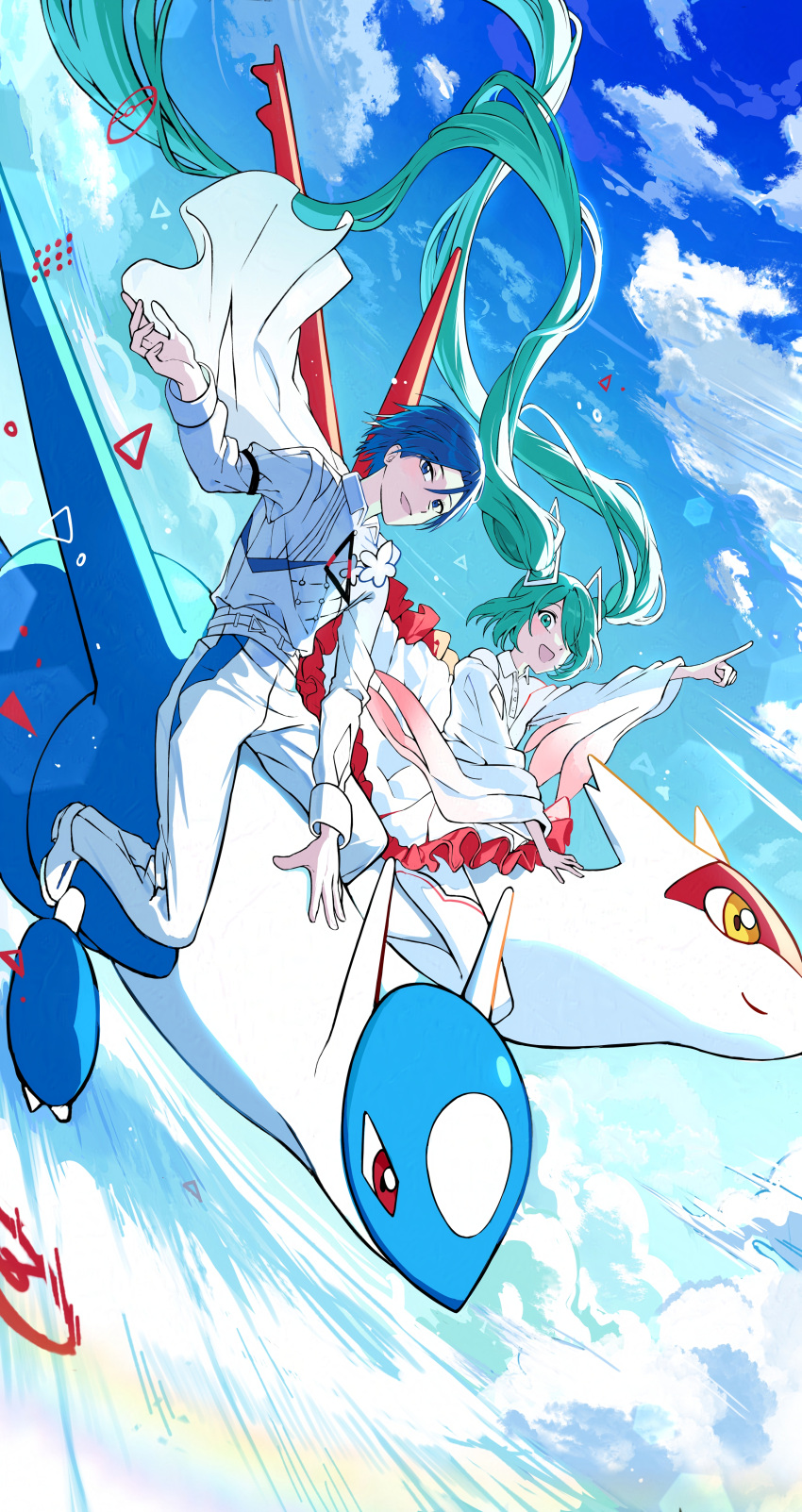 1boy, 1girl, 2others, absurdres, aqua_eyes, aqua_hair, blue_eyes, blue_hair