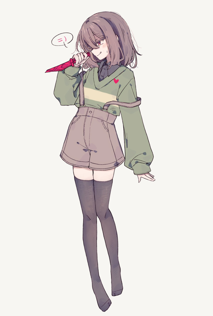 1other, :q, androgynous, black_thighhighs, brown_hair, brown_shorts, chara_(undertale), green_sweater