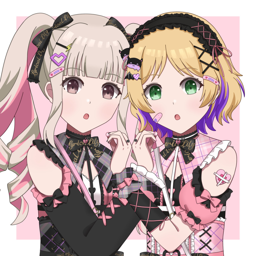 2girls, absurdres, aizawa_hamu, alternate_costume, alternate_hairstyle, bandaid, bandaid_hair_ornament, bandaid_on_face, blonde_hair, blunt_bangs, bow, bowtie, brown_eyes, chest_harness, choker, clothing_cutout, colored_inner_hair, corset, cross-laced_clothes, d4dj, drill_hair, frilled_headwear, frilled_shirt_collar, frilled_sleeves, frills, green_eyes, grey_hair, hair_bow, hair_ornament, harness, heart, heart-shaped_bandaid, heart_hair_ornament, highres, jewelry, jirai_kei, long_hair, medium_hair, multicolored_hair, multiple_girls, official_alternate_costume, official_alternate_hairstyle, parted_bangs, puffy_short_sleeves, puffy_sleeves, ring, shiratori_kurumi_(d4dj), short_sleeves, shoulder_cutout, simple_background, sleeve_bow, takeshita_miiko, twintails, upper_body, wavy_hair, wing_hair_ornament, x_hair_ornament