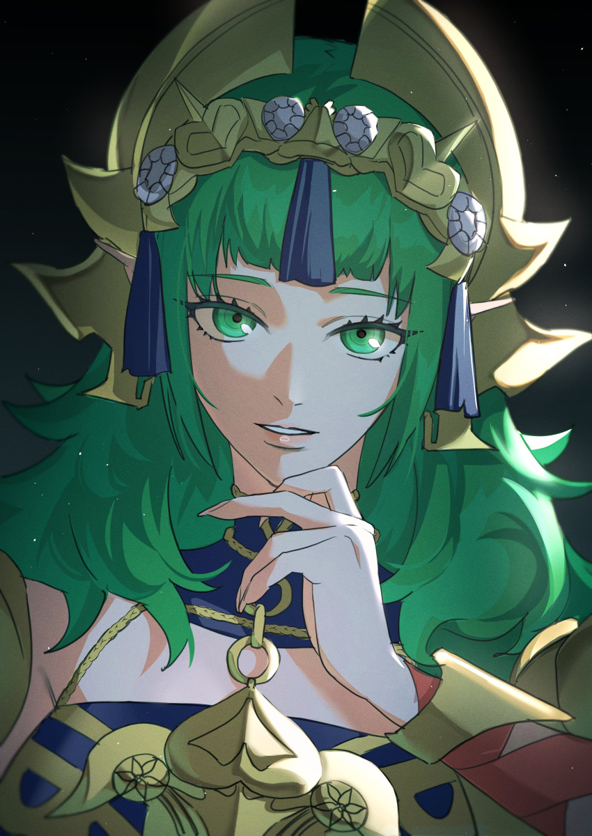 1girl, absurdres, arm_wrap, breasts, dress, fire_emblem, fire_emblem:_fortune's_weave, green_eyes, green_hair, hair_ornament, headpiece, highres, long_hair, looking_at_viewer, medium_breasts, parted_lips, pointy_ears, purple_dress, ribbon, simple_background, smile, solo, sothis_(adult)_(fire_emblem), sothis_(fire_emblem), tassel, tassel_hair_ornament, tiara, toho10min, upper_body