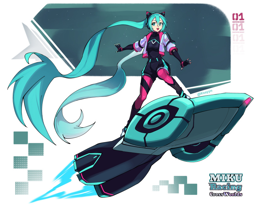 1girl, absurdres, ahoge, animal_ear_headphones, animal_ears, aqua_eyes, aqua_hair, aqua_nails, biker_clothes, bikesuit, black_boots, black_shirt, black_shorts, blue_eyes, blue_hair, bodysuit, boots, breasts, cat_ear_headphones, copyright_logo, copyright_name, diva_macchina, elbow_gloves, fake_animal_ears, fingerless_gloves, full_body, gloves, hair_between_eyes, hatsune_miku, headphones, highres, hoverboard, jacket, ksayyn, leggings, long_hair, looking_at_viewer, motor_vehicle, number_print, official_alternate_costume, open_clothes, open_jacket, pink_leggings, pink_trim, shirt, short_sleeves, shorts, sidelocks, small_breasts, smile, solo, sonic_(series), sonic_racing:_crossworlds, standing, twintails, very_long_hair, vocaloid, white_jacket