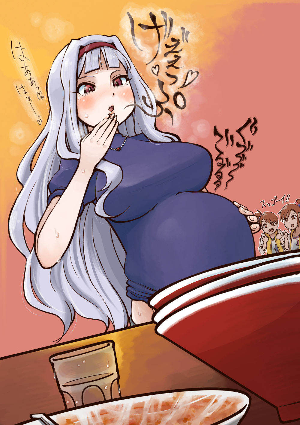 3girls, belly, big_belly, blunt_bangs, bowl, breasts, brown_eyes, brown_hair