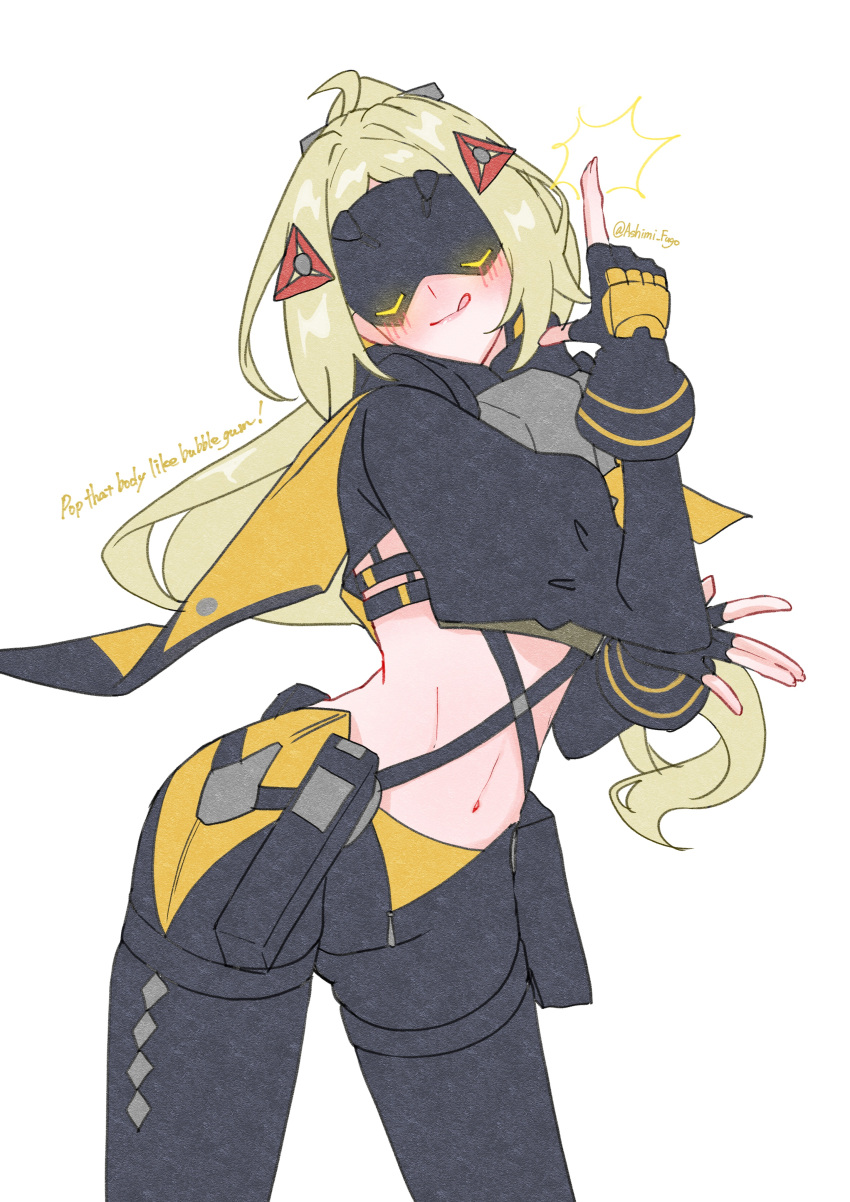 1girl, absurdres, ashimi_fugo, black_pants, black_shrug, blindfold, blonde_hair, blush, camouflage, camouflage_jacket, camouflage_pants, covered_eyes, eye_mask, finger_gun, fingerless_gloves, gloves, glowing_mask, hair_ornament, highres, jacket, latex_pants, long_hair, navel, pants, ponytail, shrug_(clothing), solo, stomach, tight_clothes, tight_pants, tongue, tongue_out, triangle_hair_ornament, trigger_(zenless_zone_zero), white_background, zenless_zone_zero, zipper_pull_tab