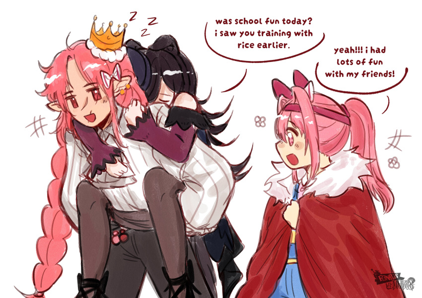 1boy, 2girls, :d, absurdres, alternate_costume, animal_ears, artist_name, ascot
