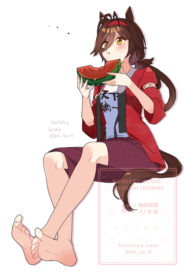 1girl, animal_ears, antenna_hair, barefoot, brown_eyes, brown_hair, clothes_writing, commentary_request, dated, food, fruit, full_body, hairband, holding, holding_food, horse_ears, horse_girl, horse_tail, jacket, koruri, long_hair, long_sleeves, no_reason_(umamusume), one-hour_drawing_challenge, open_clothes, open_jacket, parted_lips, purple_shorts, red_hairband, red_jacket, shirt, shorts, signature, soles, solo, spitting_seed, tail, twitter_username, umamusume, very_long_hair, watermark, watermelon, watermelon_slice, white_shirt