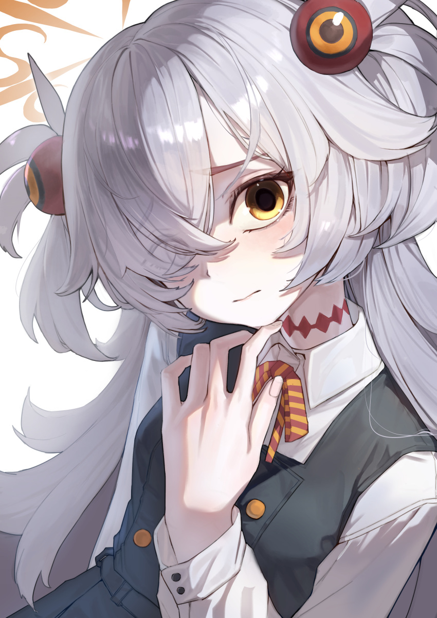 1girl, 3:, absurdres, black_dress, blue_archive, blush, closed_mouth, collared_shirt, commentary, dress, eyeball_hair_ornament, eyelashes, eyes_visible_through_hair, fingernails, frown, furrowed_brow, grey_hair, hair_ornament, hair_over_one_eye, halo, hand_up, highres, kanoe_(blue_archive), long_hair, long_sleeves, looking_at_viewer, orange_halo, pinafore_dress, scar, scar_on_neck, shirt, simple_background, sleeveless, sleeveless_dress, solo, takusaku, two_side_up, upper_body, very_long_hair, white_background, white_shirt, yellow_eyes