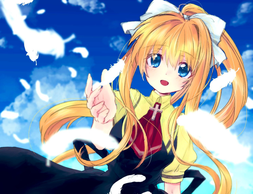 1girl, air_(visual_novel), ascot, black_dress, blonde_hair, blue_eyes, blush, collared_shirt, cross_brooch, day, dress, falling_feathers, feathers, hair_between_eyes, hair_ribbon, kamio_misuzu, long_hair, looking_at_viewer, matarou_(3kaku), open_mouth, ponytail, puffy_short_sleeves, puffy_sleeves, reaching, red_ascot, ribbon, school_uniform, shirt, short_sleeves, sidelocks, single_hair_intake, sky, smile, solo, very_long_hair, white_ribbon, yellow_shirt