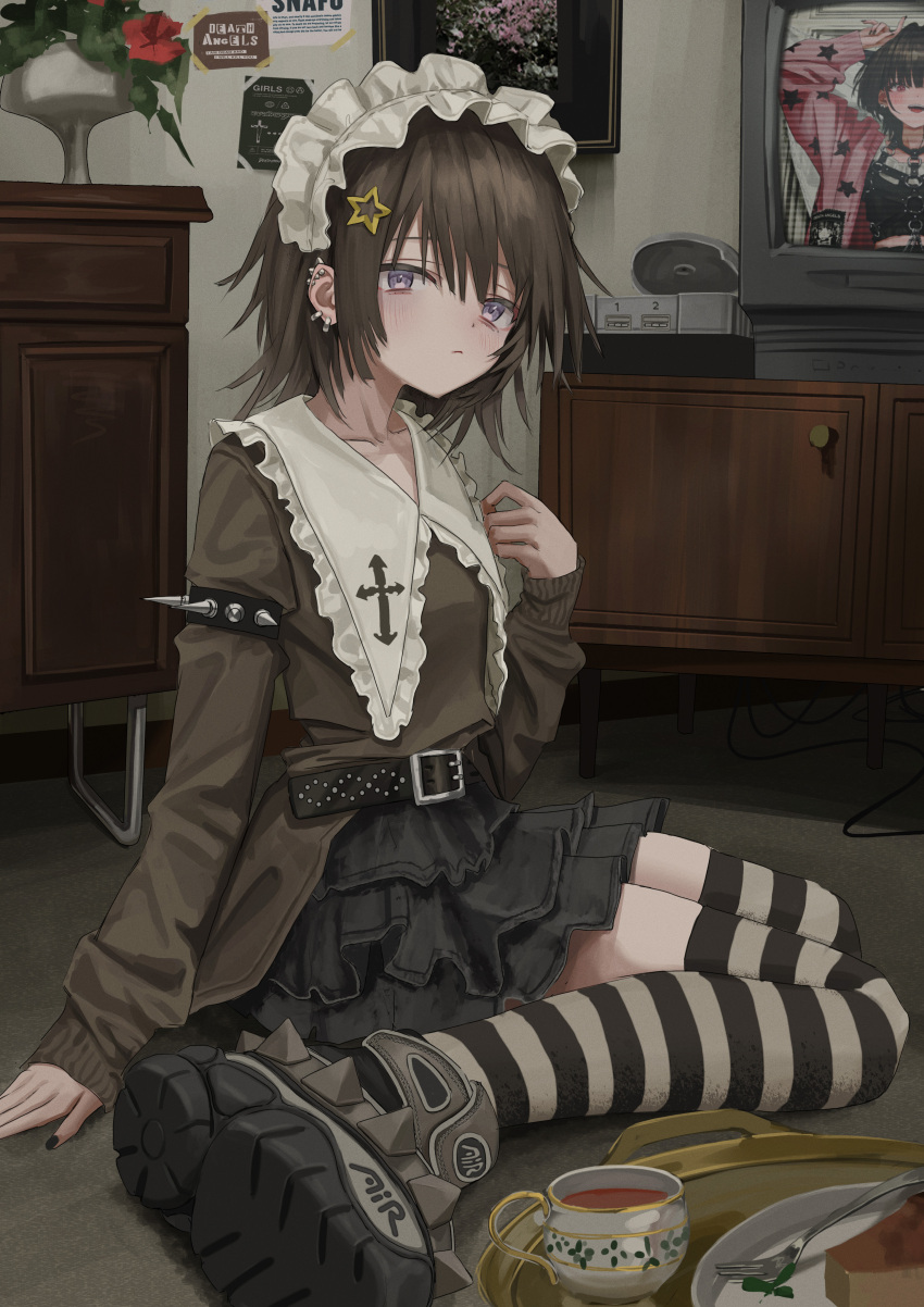 1girl, absurdres, black_boots, black_skirt, black_thighhighs, boots, brown_hair, brown_shirt