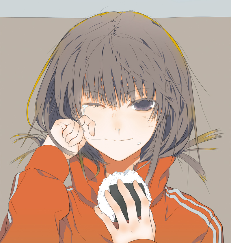 black_hair, bust, face, food, food_on_face, fuyuno_haruaki, love_&amp;_smile, onigiri, original, portrait, rice_on_cheek, rice_on_face, smile, solo, tears, track_suit, wink