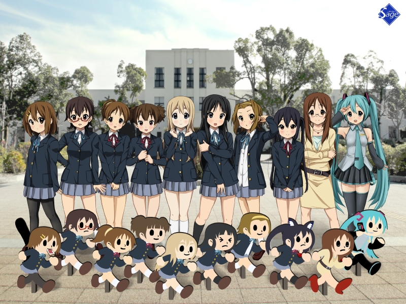 aqua_hair, black_eyes, black_hair, blonde_hair, blue_eyes, boots, brown_eyes, brown_hair, crossed_arms, crossover, glasses, green_eyes, hairband, hand_on_hip, hatsune_miku, hips, hirasawa_ui, hirasawa_yui, k-on!, kotobuki_tsumugi, long_hair, manabe_nodoka, nakano_azusa, no_legwear, pantyhose, photo_background, ponytail, ryunnu, salute, school_uniform, short_hair, short_twintails, suzuki_jun, tainaka_ritsu, thigh-highs, thighhighs, tobidashi-bouya, twintails, vocaloid, yamanaka_sawako