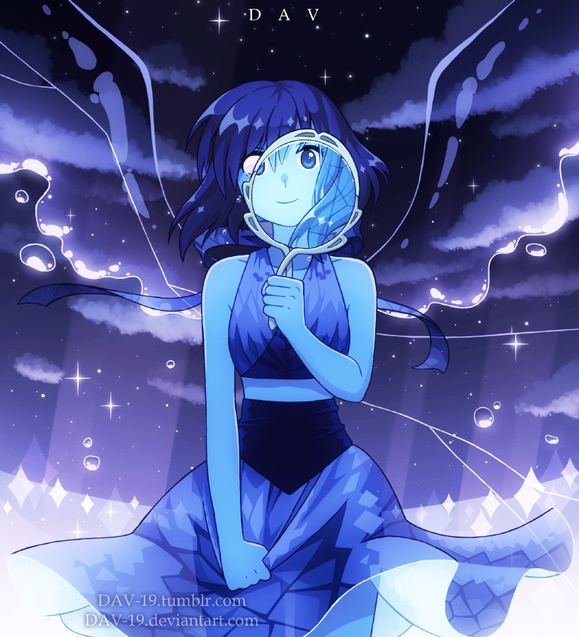 1girl, blue_eyes, blue_hair, blue_skin, closed_mouth, colored_skin, crop_top, dav-19, elemental_wings, homeworld_gem_uniform, homeworld_lapis_lazuli_uniform, lapis_lazuli_(species)_(steven_universe), lapis_lazuli_(steven_universe), liquid_wings, looking_at_viewer, mirror, shirt, short_hair, smile, solo, steven_universe, water, water_wings