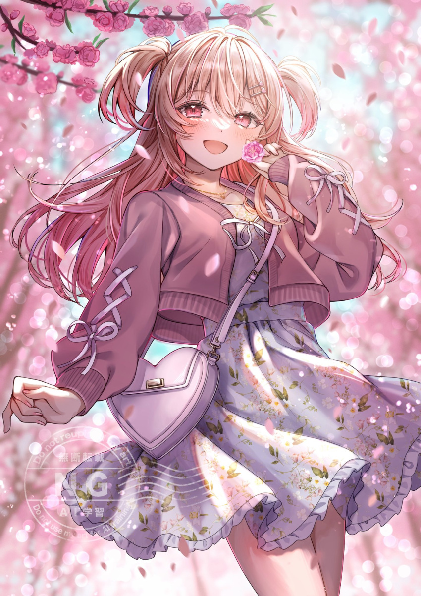 1girl, :d, bag, blonde_hair, blush, cardigan, cherry_blossoms, commentary_request, commission, cowboy_shot, day, dress, floral_print, floral_print_dress, flower, frilled_dress, frills, heart-shaped_bag, highres, holding, holding_flower, long_hair, long_sleeves, looking_at_viewer, momose_nina, one_side_up, open_cardigan, open_clothes, open_mouth, outdoors, pink_cardigan, pink_flower, print_dress, project_nebula, red_eyes, sakura_(39ra), shoulder_bag, skeb_commission, smile, solo, virtual_youtuber, watermark, white_dress