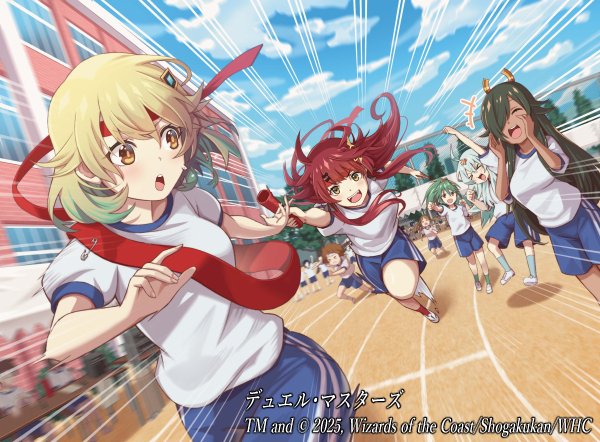 >_<, +++, 2025, 5girls, ahoge, aqua_hair, aqua_socks, blue_sky