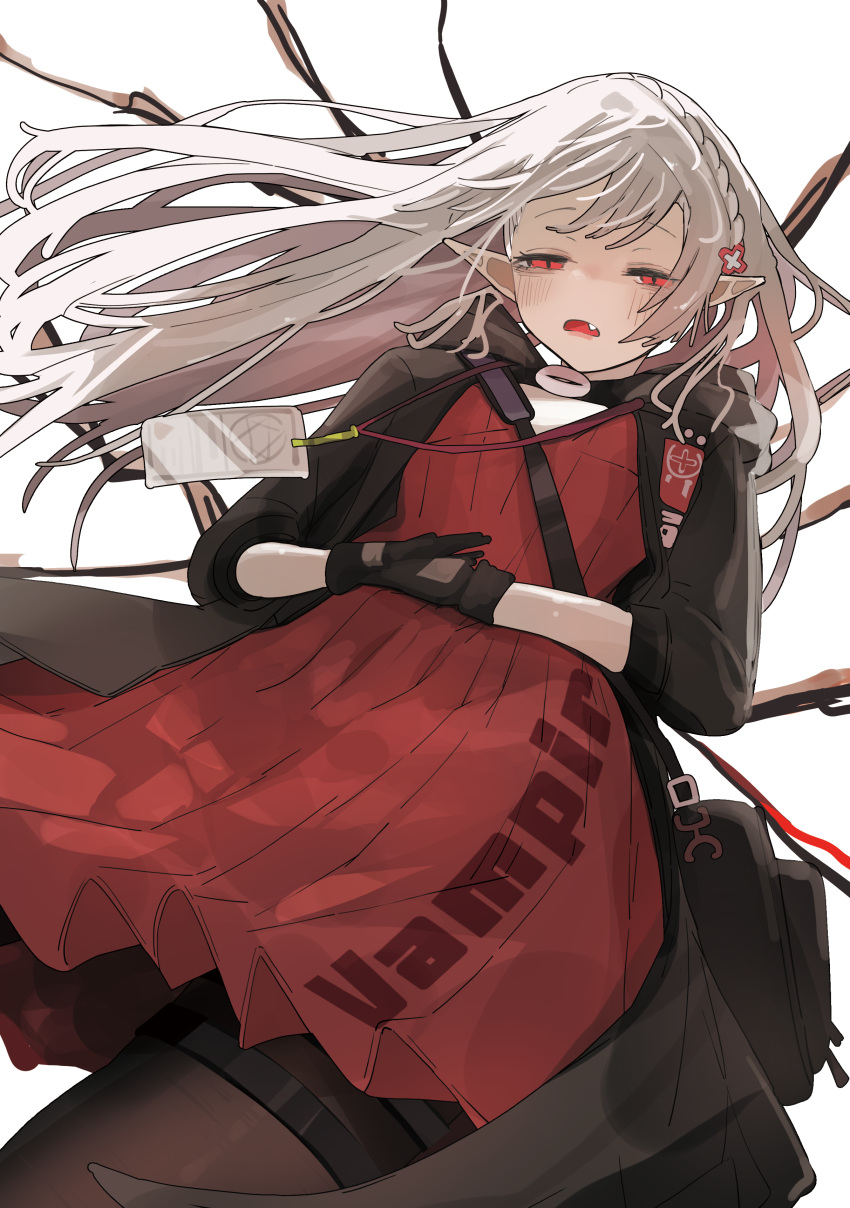 1girl, absurdres, arknights, black_gloves, black_jacket, blush, braid, clothes_writing, cowboy_shot, crown_braid, dress, fang, gloves, half-closed_eyes, highres, hood, hood_down, hooded_jacket, id_card, jacket, lanyard, long_hair, looking_at_viewer, open_clothes, open_jacket, open_mouth, pleated_dress, pointy_ears, red_dress, red_eyes, simple_background, solo, taiiiyakiii, vampire, warfarin_(arknights), warfarin_(elite_ii)_(arknights), white_background, white_hair