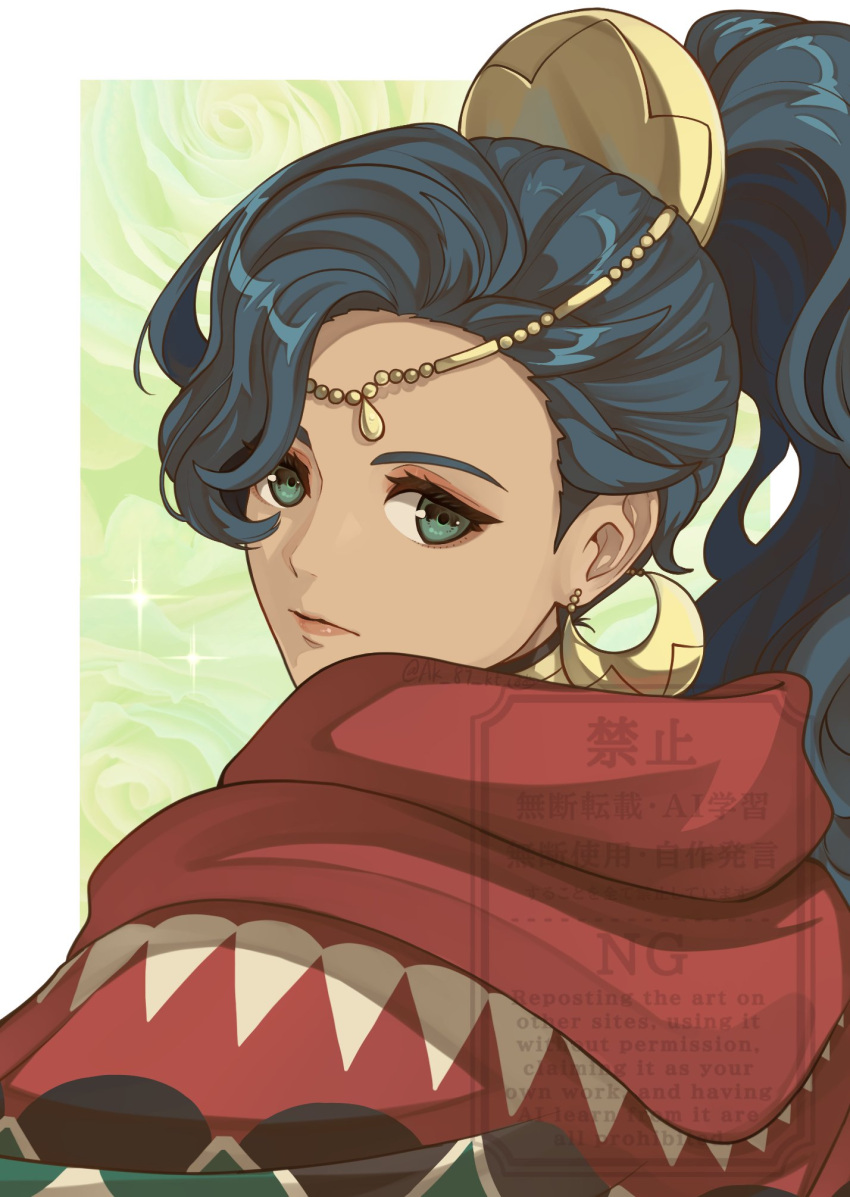 1girl, ak_87_kt, blue_eyes, blue_hair, cloak, dark-skinned_female, dark_skin, earrings