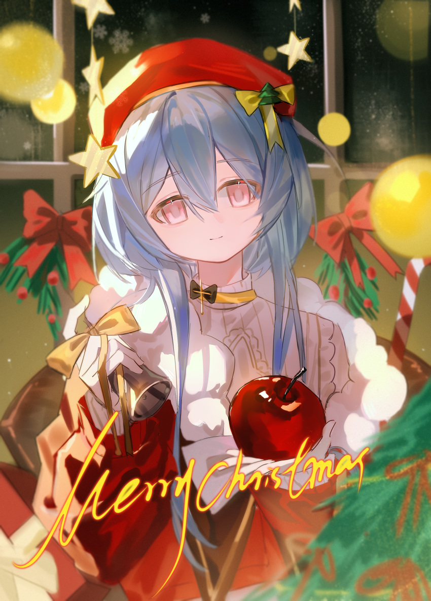 0207813730, 1boy, absurdres, apple, arknights, bell, blue_hair, choker, christmas_lights, christmas_ornaments, christmas_tree, food, fruit, hair_between_eyes, hat, hat_ribbon, head_tilt, highres, holding, holding_food, holding_fruit, light_smile, looking_at_viewer, male_focus, merry_christmas, mizuki_(arknights), pink_eyes, ribbon, solo