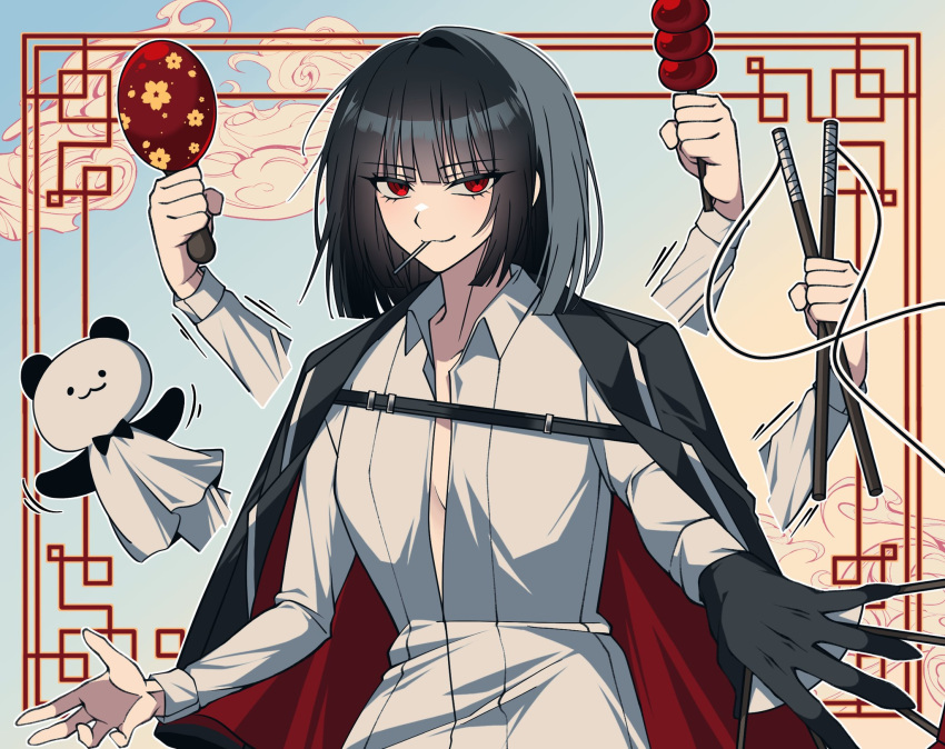 1girl, black_coat, black_gloves, black_hair, blue_background, bob_cut, border, cigarette, coat, coat_on_shoulders, collared_shirt, gloves, highres, limbus_company, long_sleeves, looking_at_viewer, matiyan923, project_moon, red_border, red_eyes, ryoshu_(project_moon), shirt, short_hair, simple_background, single_glove, smoking, solo, upper_body, white_shirt