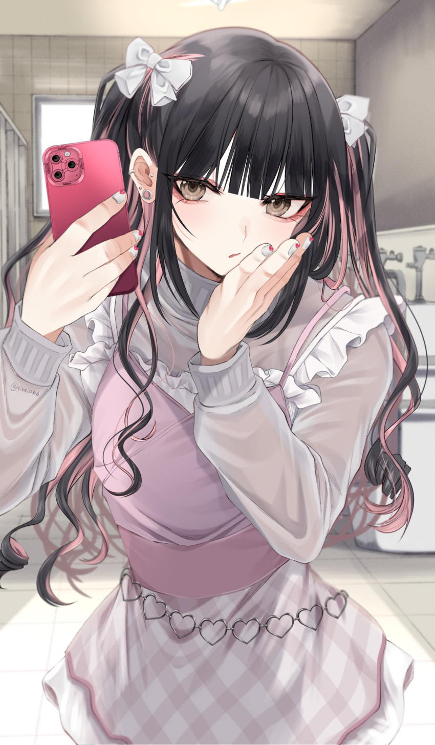 1boy, aegyo_sal, black_hair, blunt_bangs, bow, brown_eyes, cellphone, colored_inner_hair