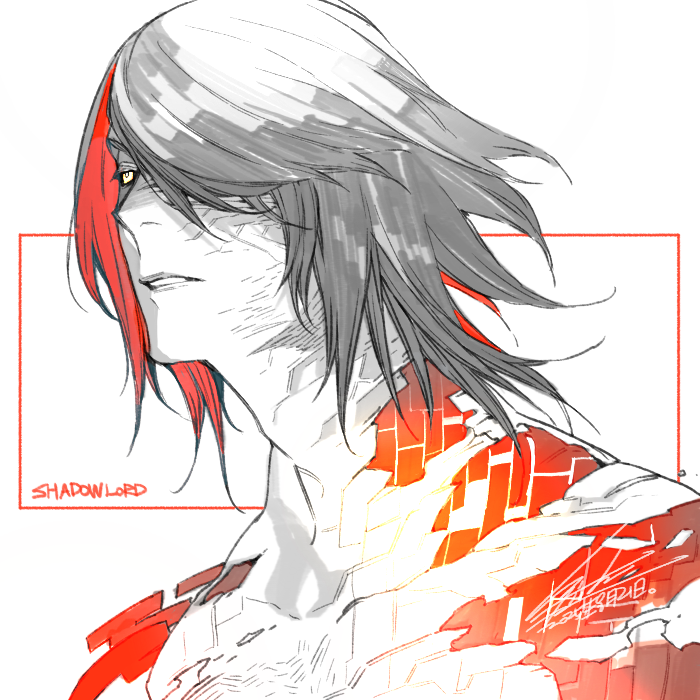 1boy, black_hair, black_sclera, character_name, collarbone, colored_sclera, dated, facial_mark