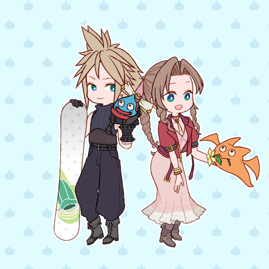1boy, 1girl, aerith_gainsborough, aqua_eyes, armor, armored_gloves, baggy_pants, bandaged_arm