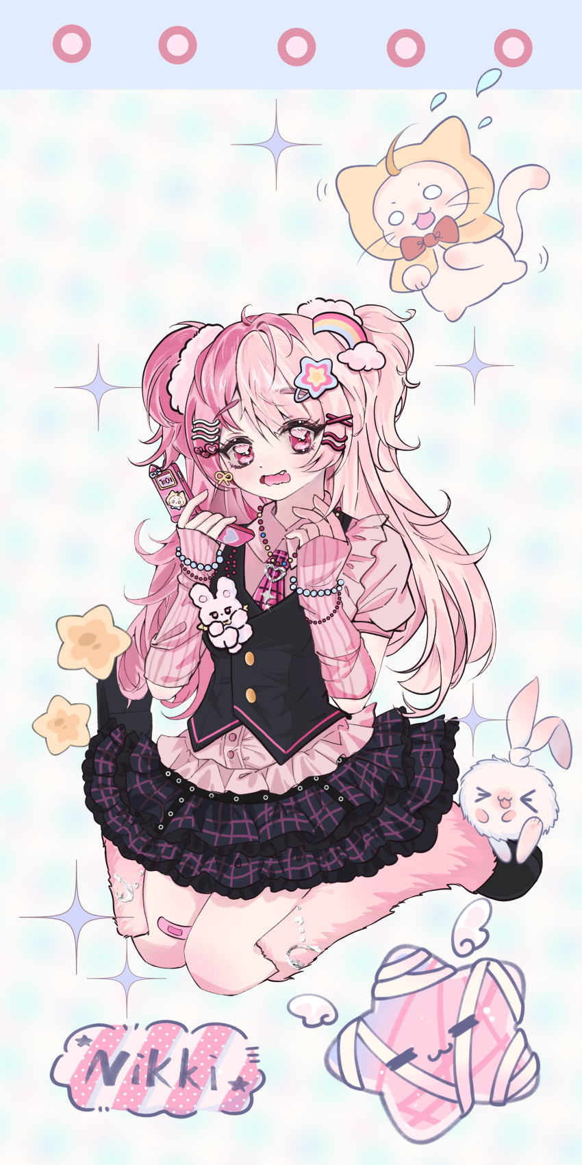 >_<, 1girl, :3, =_=, absurdres, animal, bandaid, bandaid_on_knee