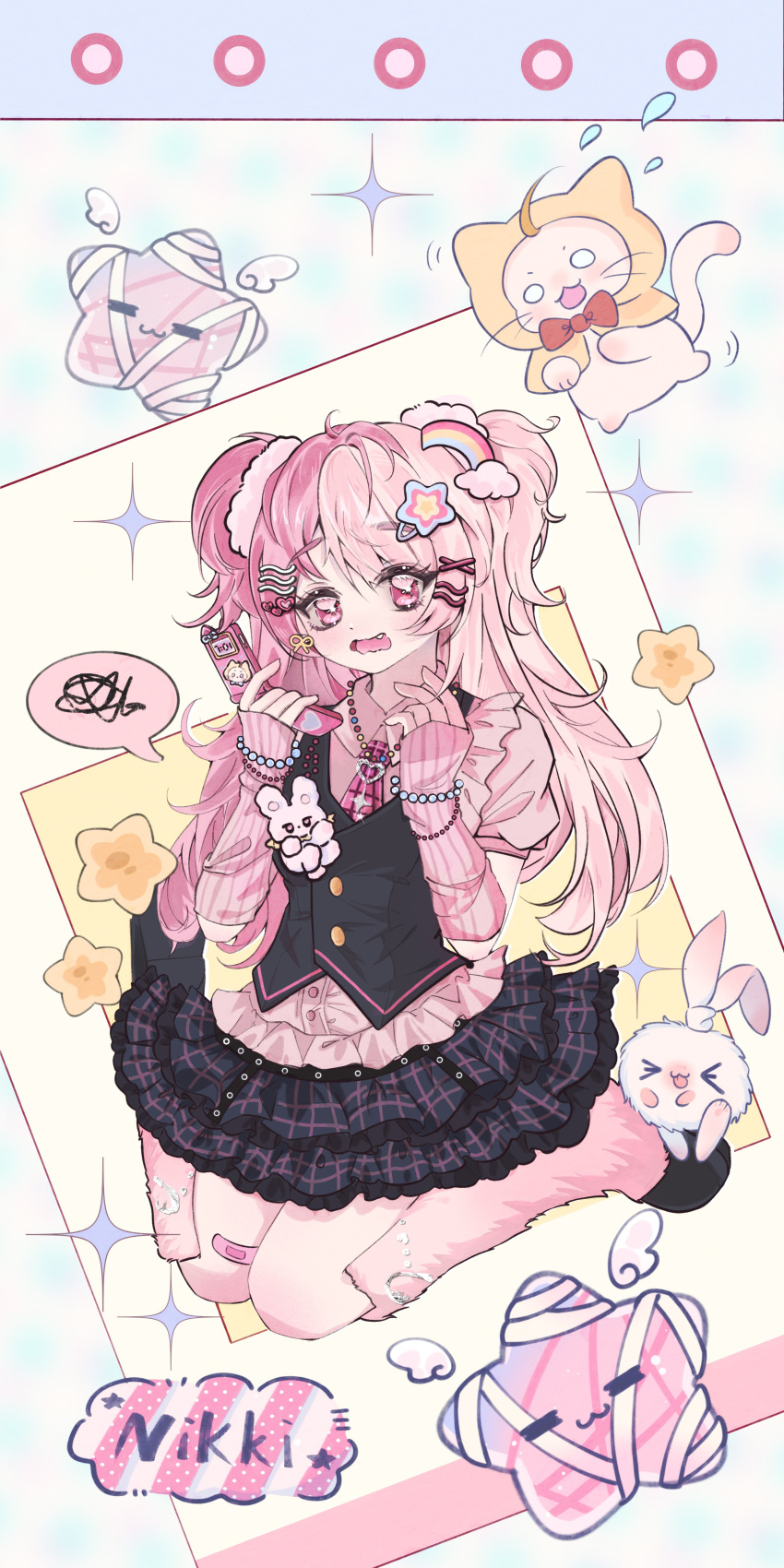 >_<, 1girl, :3, =_=, absurdres, animal, bandaid, bandaid_on_knee