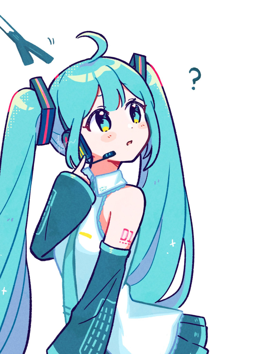 1girl, ?, ahoge, aoiyui, aqua_eyes, aqua_hair, aqua_nails, aqua_necktie